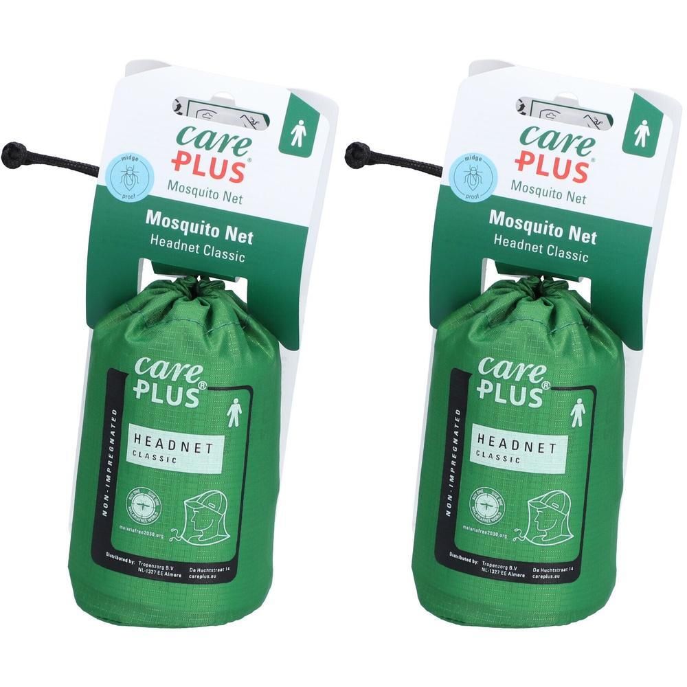 Twee groene Care Plus muskietennetten in een zak met trekkoord. Ophangkaart met productinformatie.