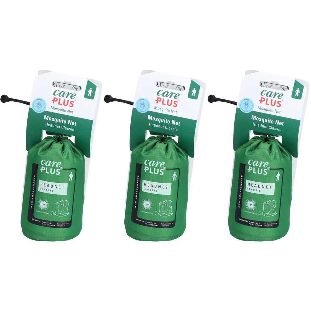 Drie Care Plus Klamboe Classic in groene zakjes met trekkoord. Verpakt op een witte kaart met productinformatie.