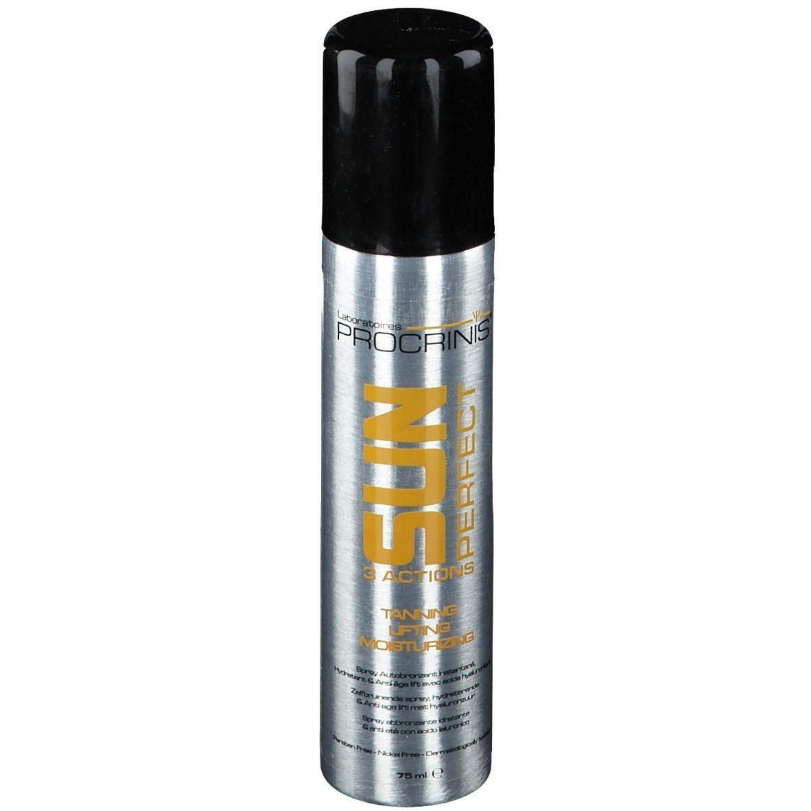 Zilveren spuitbus met zwarte dop. Tekst: PROCRINIS SUN PERFECT, 3 ACTIONS, TANNING, LIFTING, MOISTURIZING.