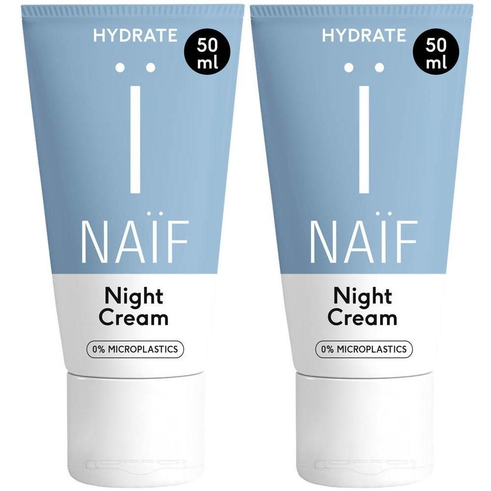 Deux tubes de Naïf Nurturing Night Cream, 50 ml chacun. Emballage bleu clair avec bouchon blanc.