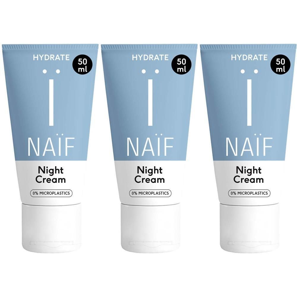 Drie tubes Naïf Nurturing Night Cream, 50 ml. Hydraterend, 0% microplastics.