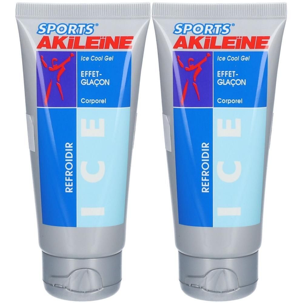Twee tubes SPORTS AKILEINE Ice Cool Gel met "ICE" opschrift en een figuur.