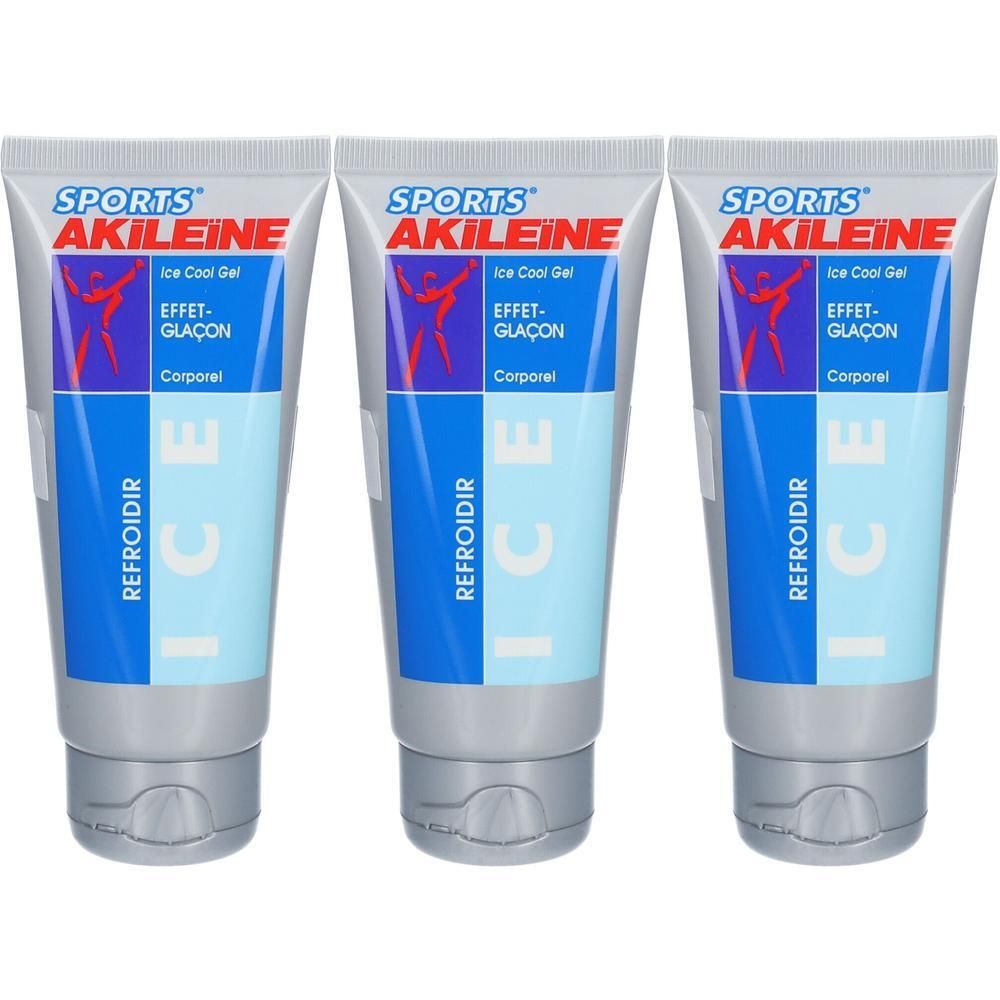 Drie tubes AKILEINE SPORTS® Ice Cool Gel met blauw-wit design en sporter-logo.