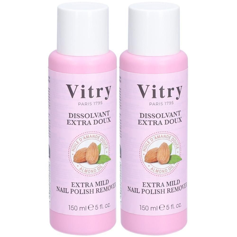 Twee flacons Vitry Extra Milde nagellakremover met amandelolie.