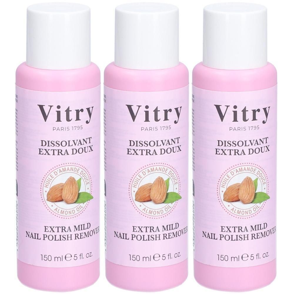 Trois flacons Vitry Dissolvant Extra Doux à l'huile d'amande, 150 ml.