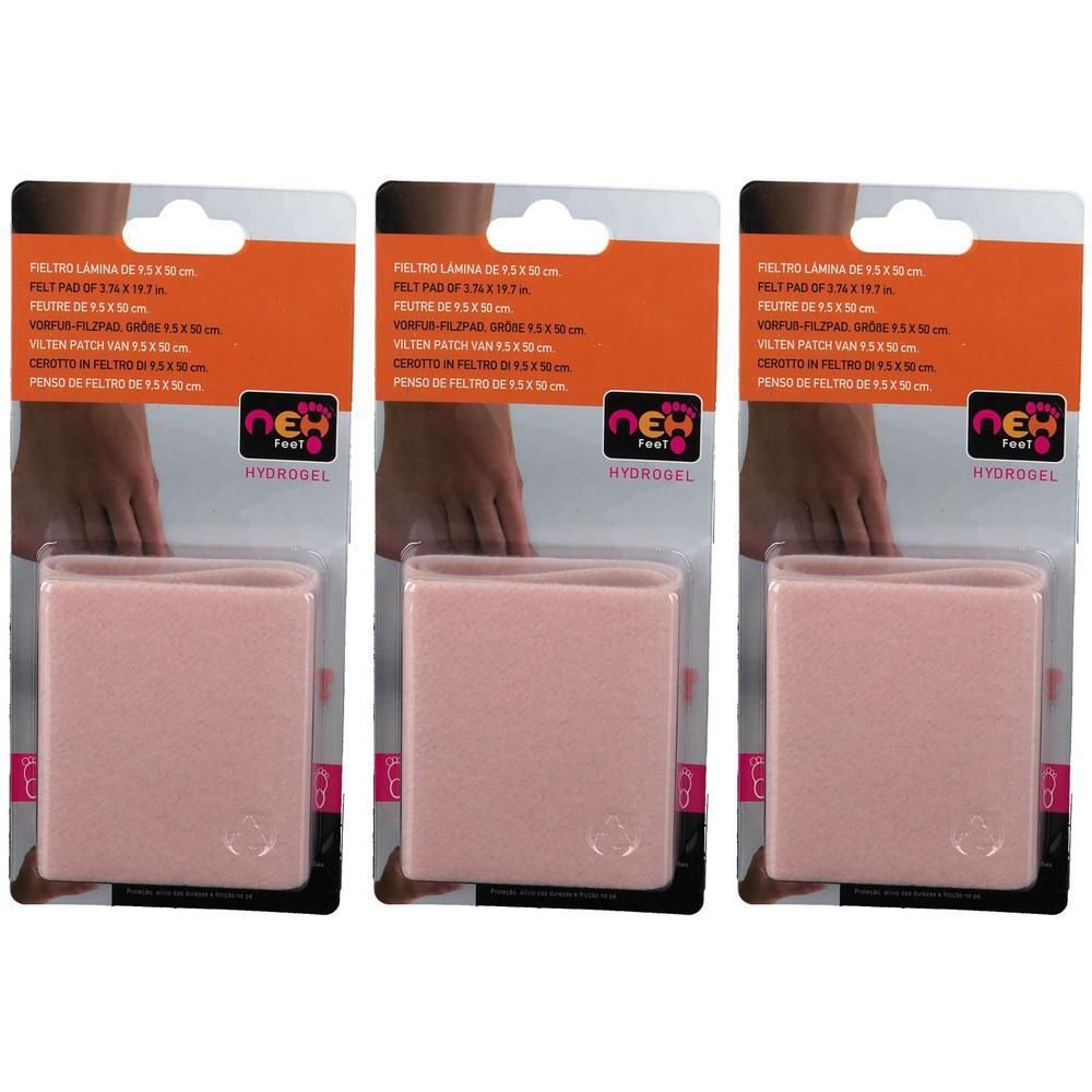 Drie pakken roze vilten inlegzolen voor voeten, 9,5x50 cm.