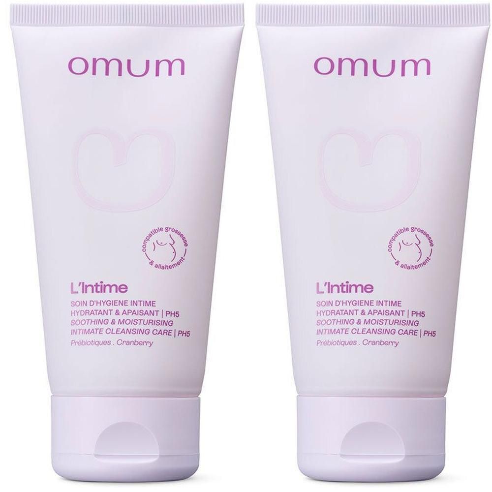 Deux tubes blancs Omum L'Intime Soin Intime, avec logo violet et symbole de cœur.