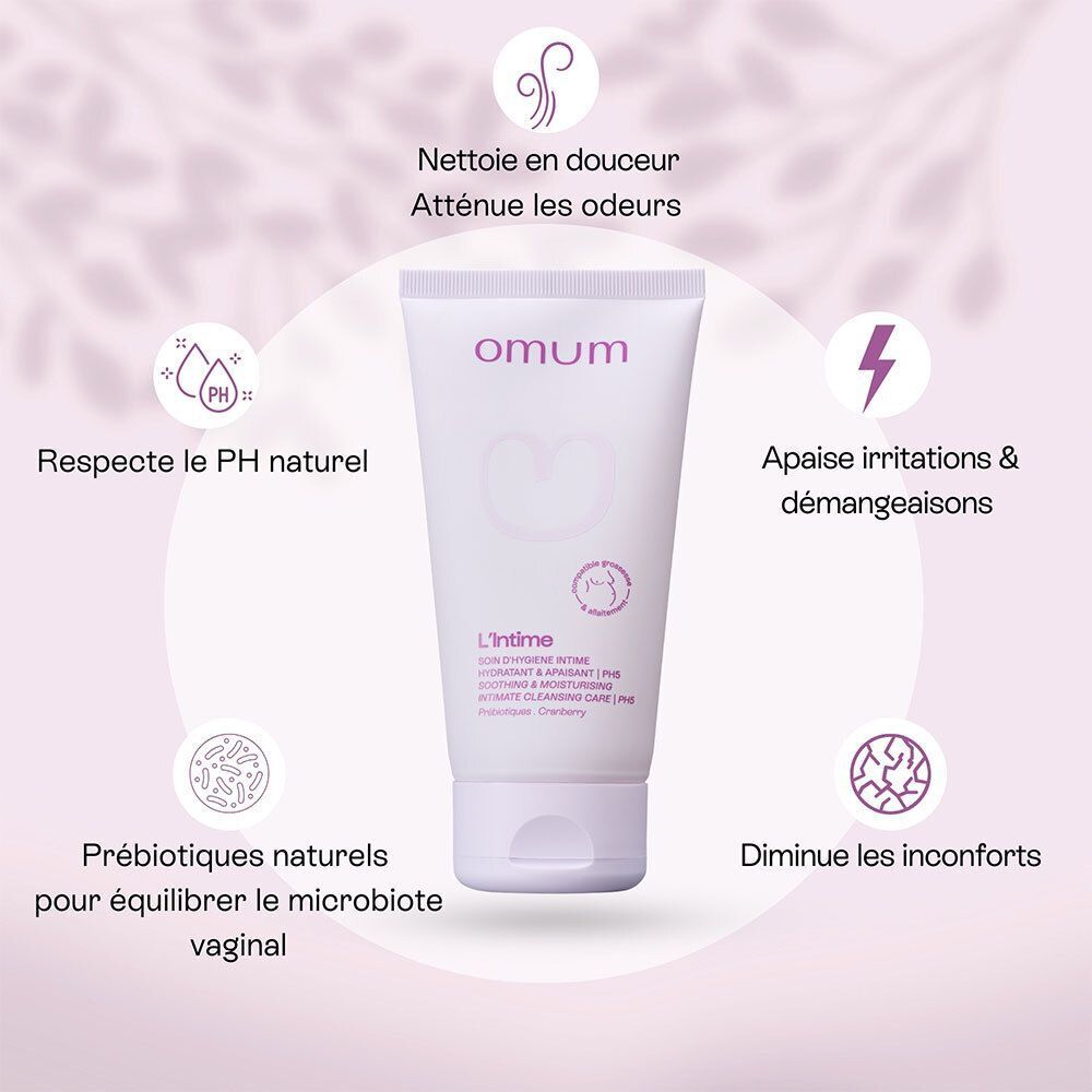Tube Omum L'Intime Soin Intime avec icônes pour pH, apaisement et prébiotiques.