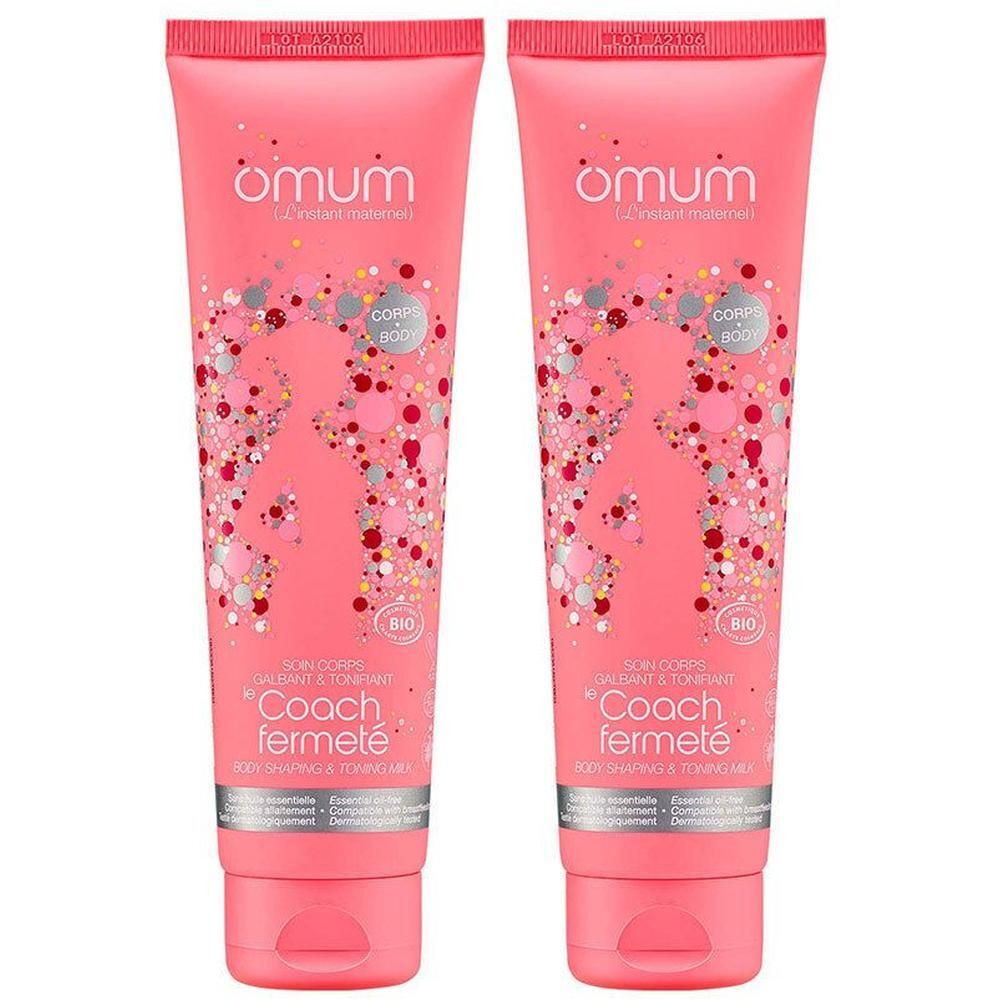 Deux tubes roses du produit "Coach fermeté" d'Omum, ornés de décorations colorées.
