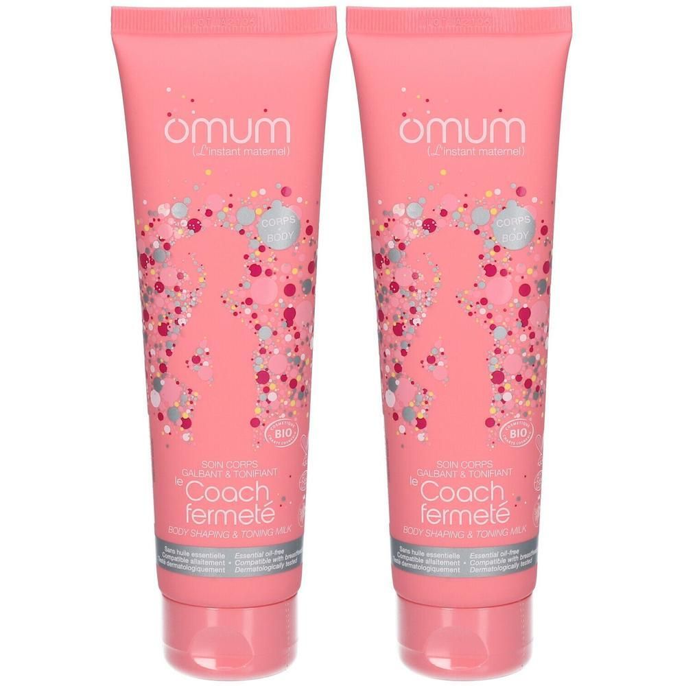 Twee roze tubes van het product "Coach fermeté" van Omum, versierd met kleurrijke patronen.