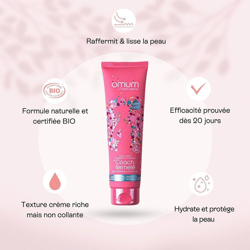 Un tube rose "Coach fermeté" d'Omum, entouré d'icônes soulignant les propriétés raffermissantes et hydratantes.