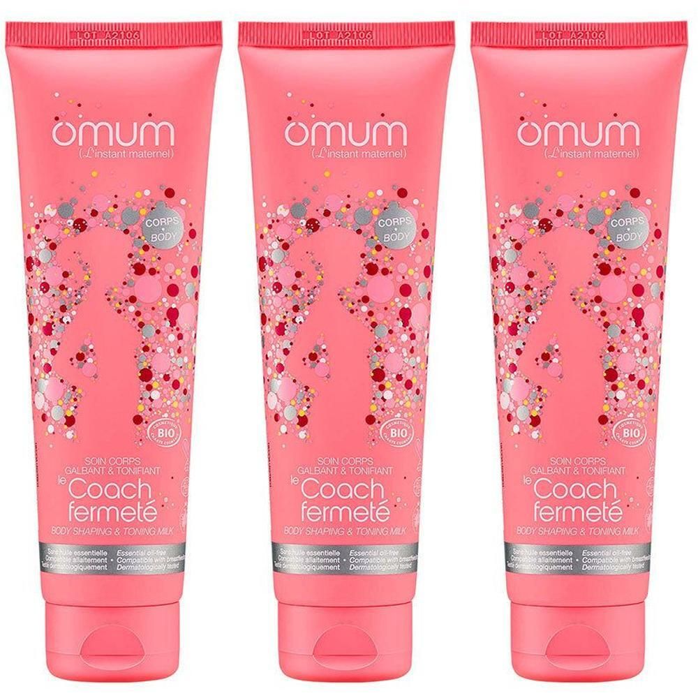 Drie roze tubes met Omum-logo en versieringen. "Coach Fermeté" staat op elke tube.