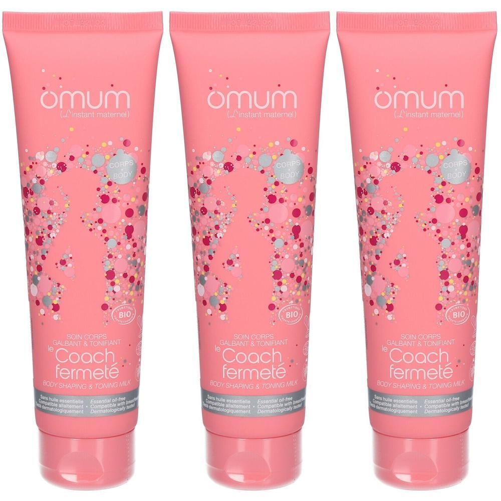 Drie roze tubes met Omum-logo en versieringen. "Coach Fermeté" staat op elke tube.