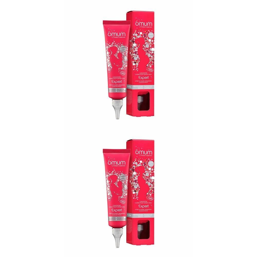 Twee rode tubes Omum Expert Striae Correctiecrème met doosjes.