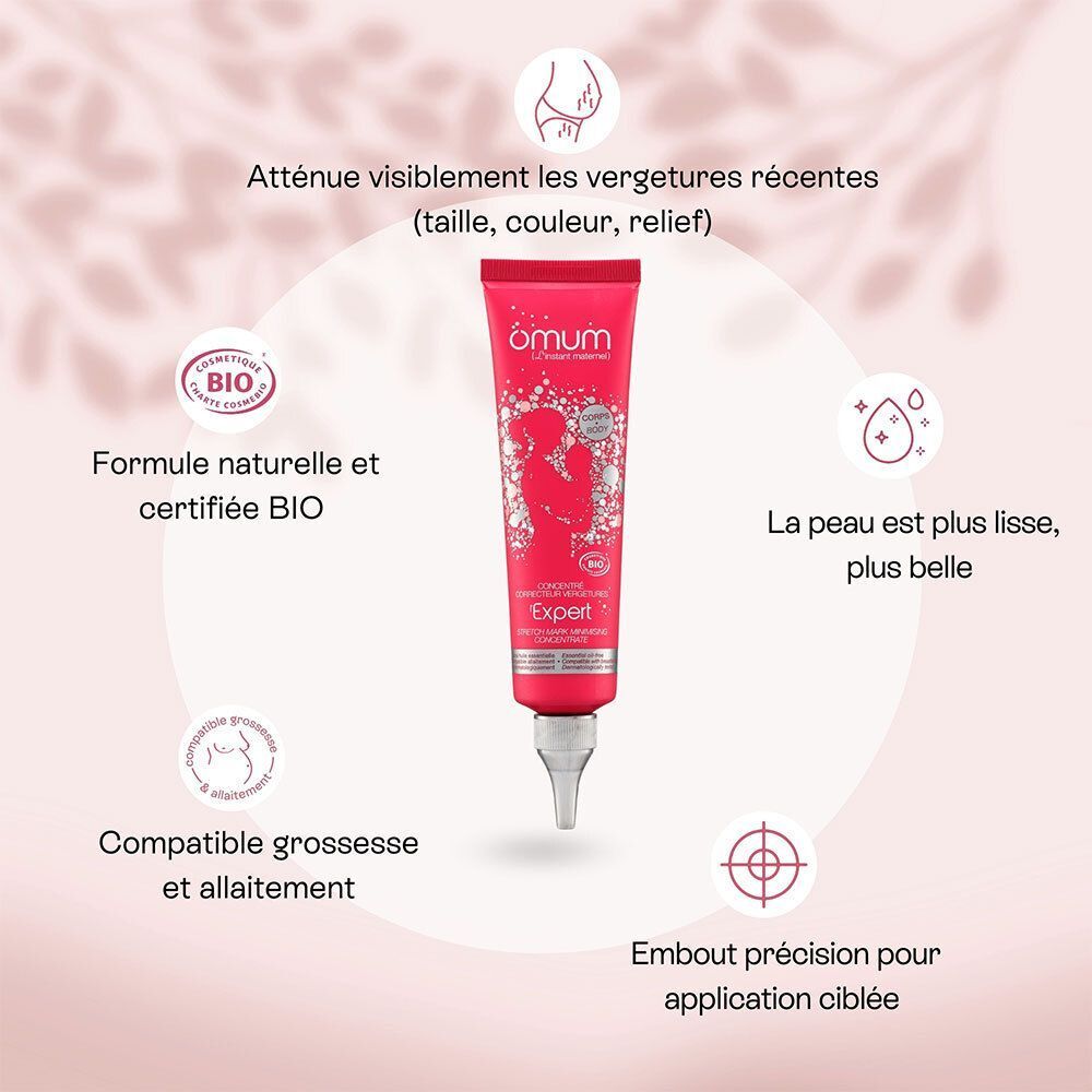 Tube Omum Expert Vergetures avec icônes : label BIO, peau plus lisse, compatibilité grossesse/allaitement, applicateur précision.