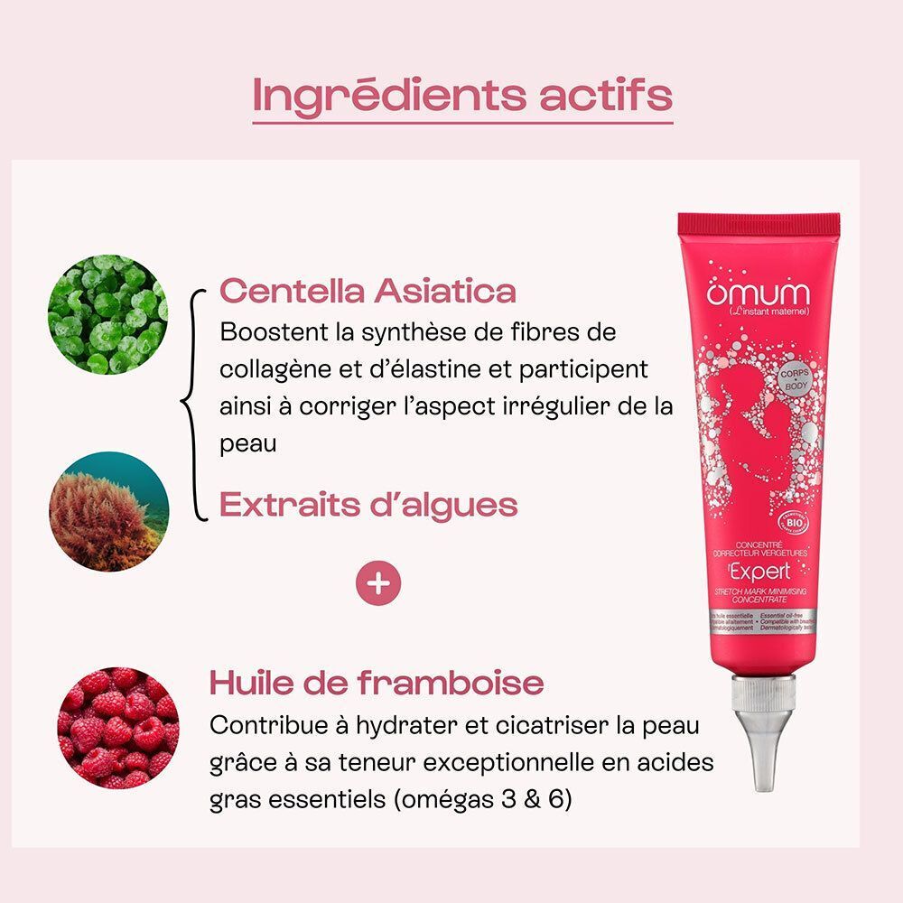 Tube Omum Expert avec ingrédients actifs : Centella Asiatica, extraits d'algues, huile de framboise.