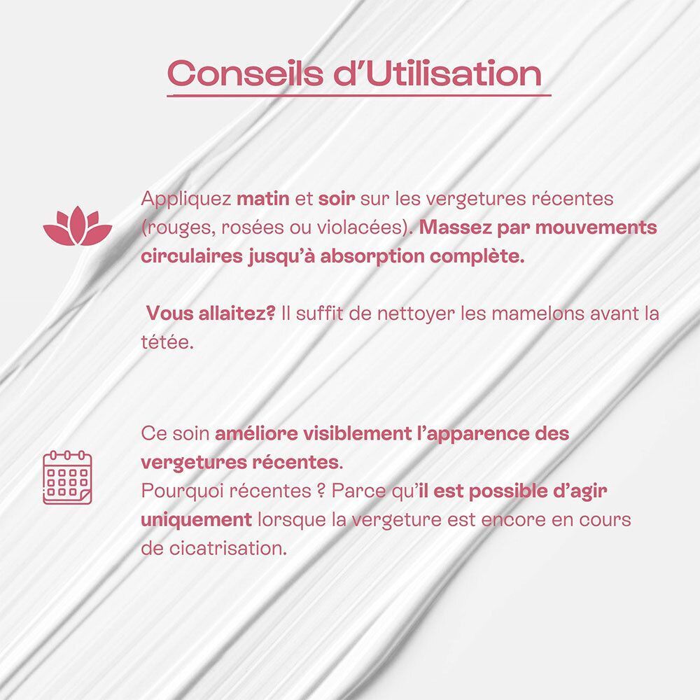 Conseils d'utilisation Omum Expert : appliquer matin et soir sur les vergetures récentes.