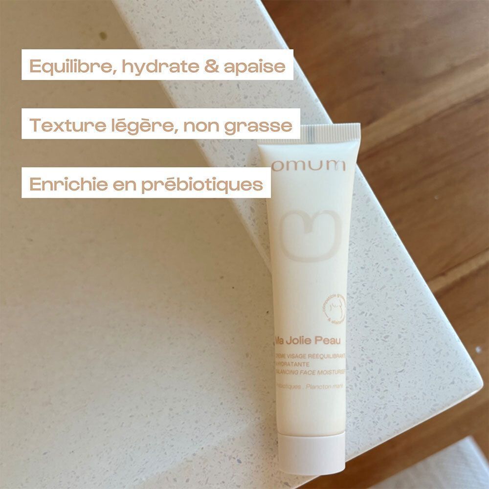 Tube Omum Ma Jolie Peau Crème Visage avec texte : 'Equilibre, hydrate & apaise'.