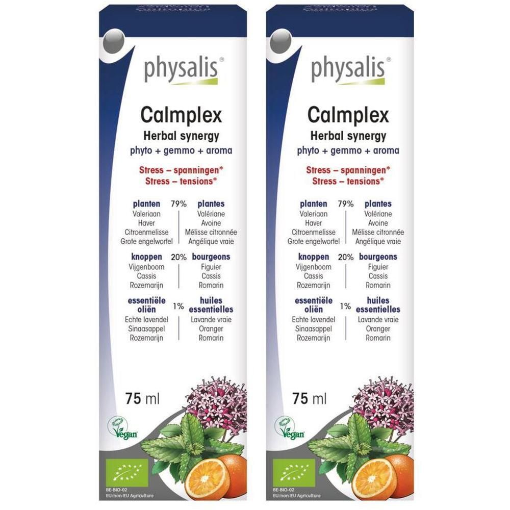Physalis Calmplex Bio: flesje van 75 ml met planten, essentiële oliën en fruit. Bio- en Vegan-logo's.