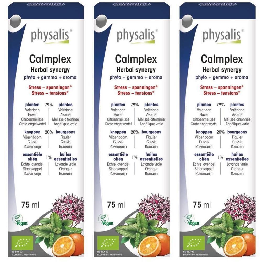 Physalis Calmplex Bio: fles van 75 ml met planten, sinaasappels en munt. Biologisch keurmerk zichtbaar.