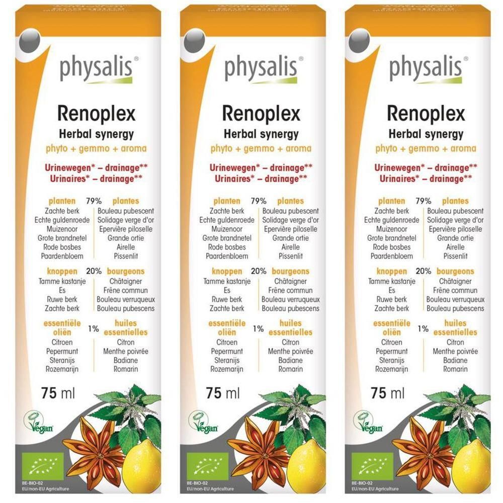 Trois flacons Physalis Renoplex, 75 ml. Contient des plantes, citron et anis étoilé.