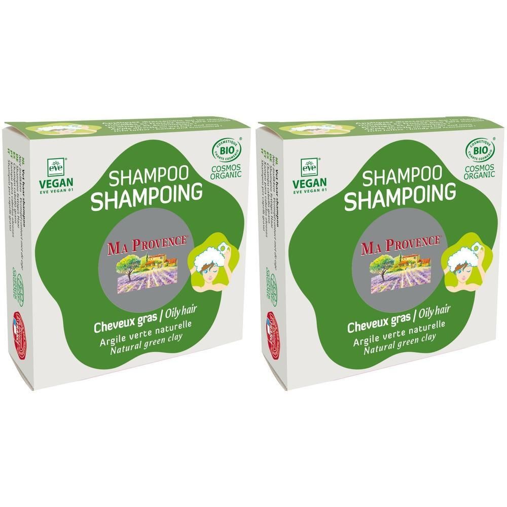 Deux boîtes de Shampooing Ma Provence pour cheveux gras à l'argile verte naturelle. Certifié Bio et Vegan.
