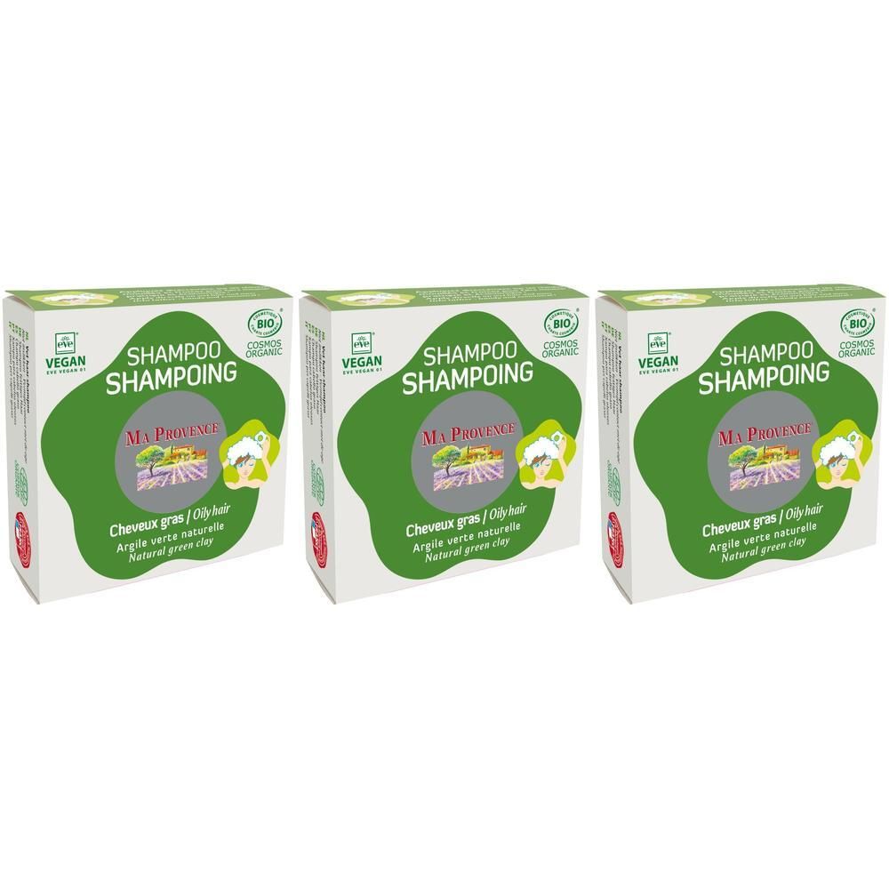 Drie dozen Ma Provence Shampoo voor vet haar met natuurlijke groene klei. Bio en Vegan gecertificeerd.
