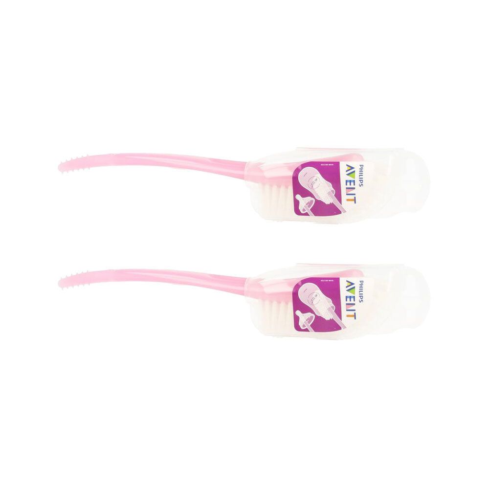 Twee roze flessenborstels met witte borstelkop en doorzichtige beschermkap.