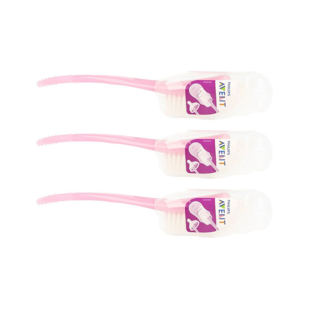 Trois goupillons roses avec tête de brosse blanche et manche rose.