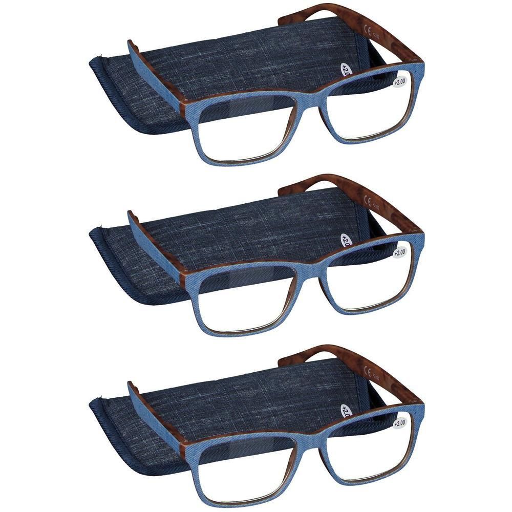 Drie leesbrillen met blauw montuur en bruine pootjes met houtlook, elk met een spijkerbroek etui.
