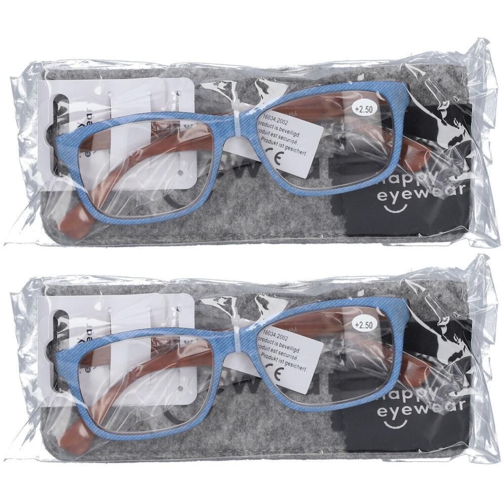Twee paar blauwe leesbrillen met bruine pootjes, elk in een vilten etui en plastic verpakking.