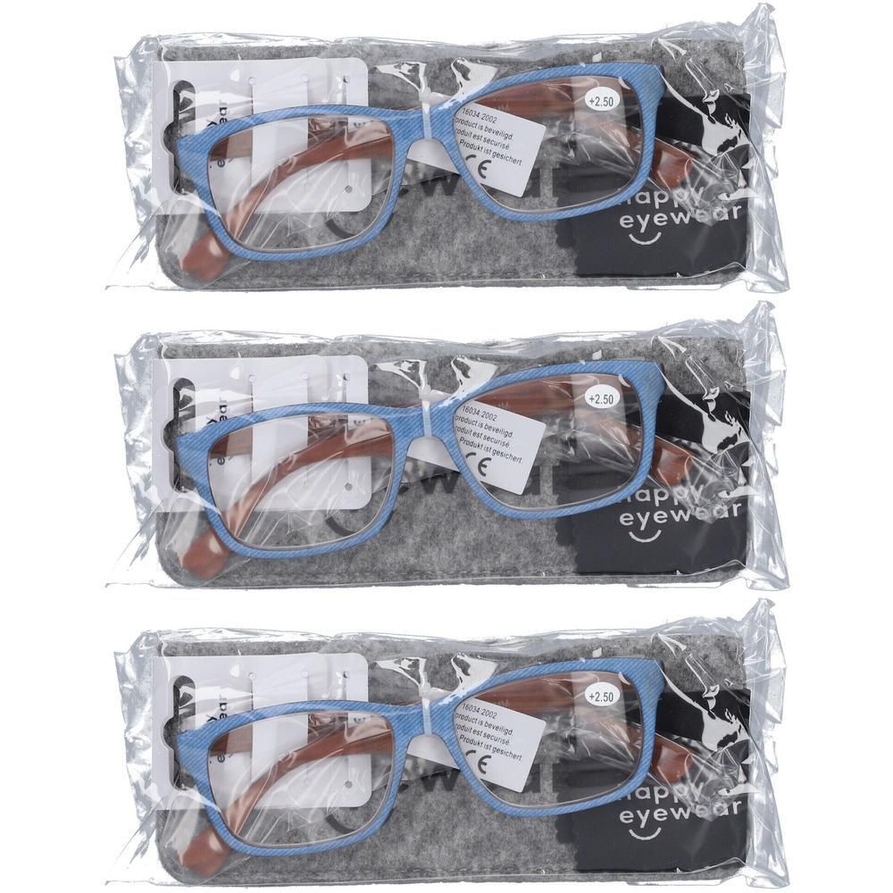 Trois paires de lunettes de lecture bleues avec étuis, puissance +2.50.