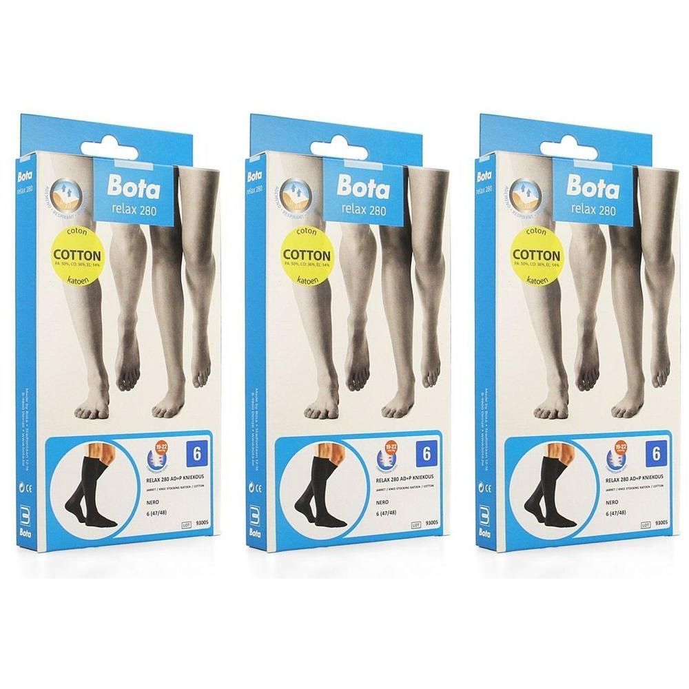 Trois paquets de bas de compression, taille 6, noirs, en coton.