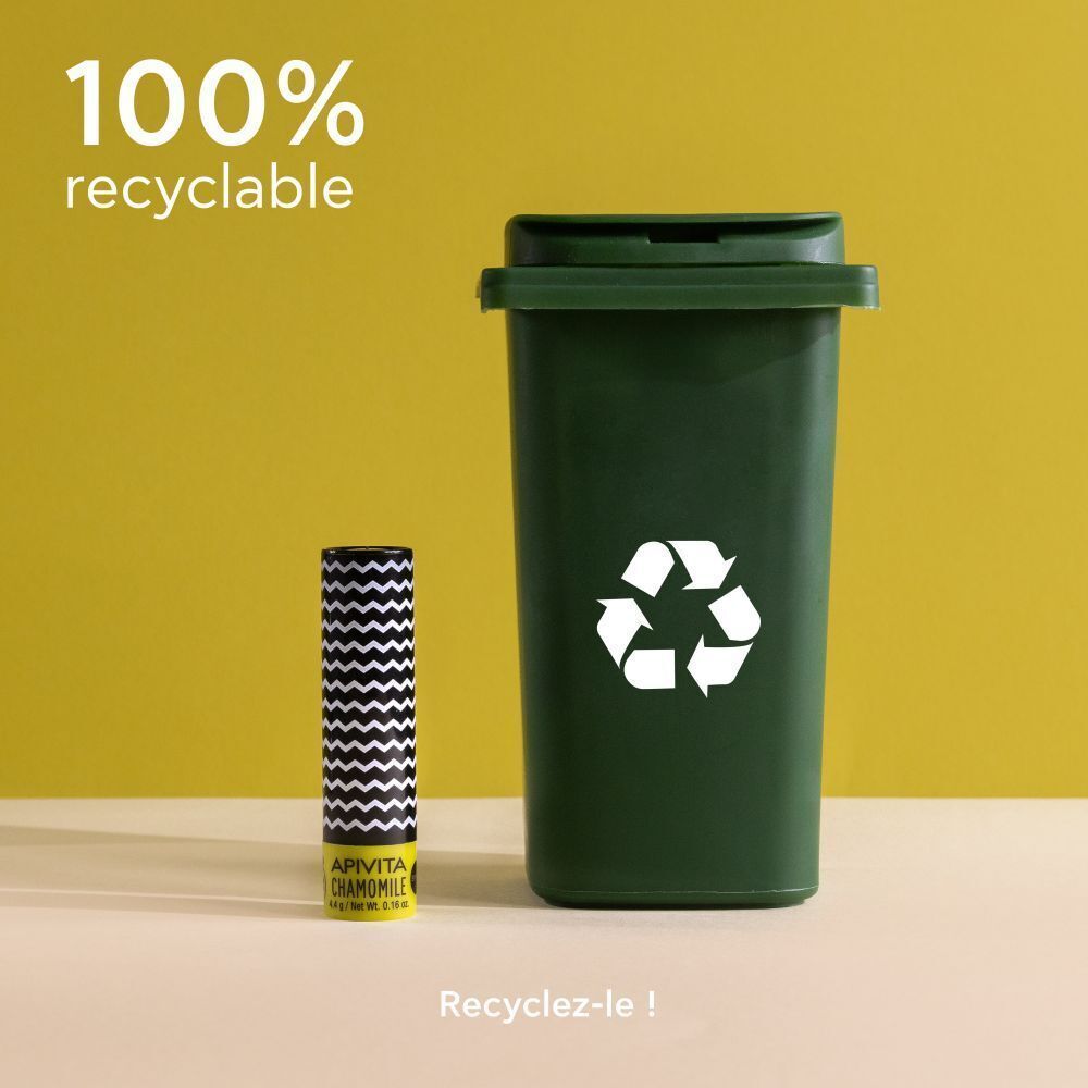Baume à lèvres à côté d'une poubelle de recyclage verte. 100% recyclable. Recyclez-le !