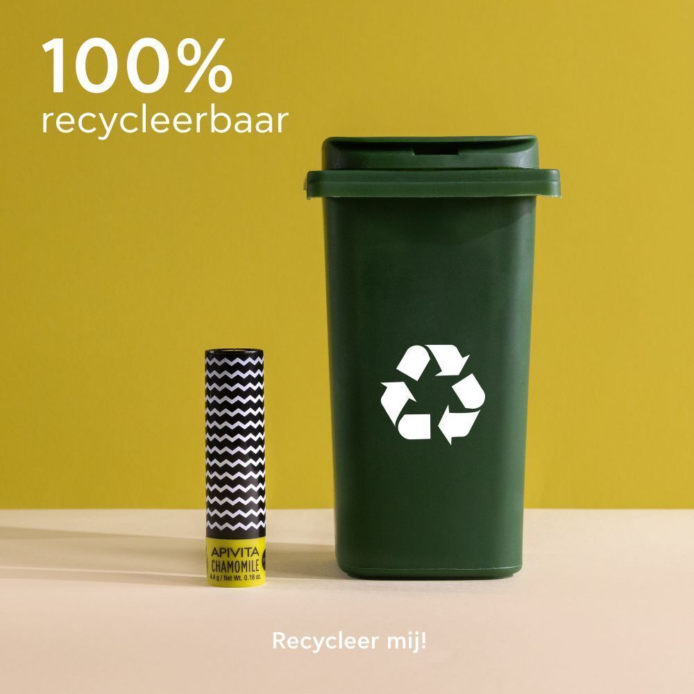 Lippenbalsem naast een groene afvalbak voor recycling. 100% recyclebaar. Recycle mij!