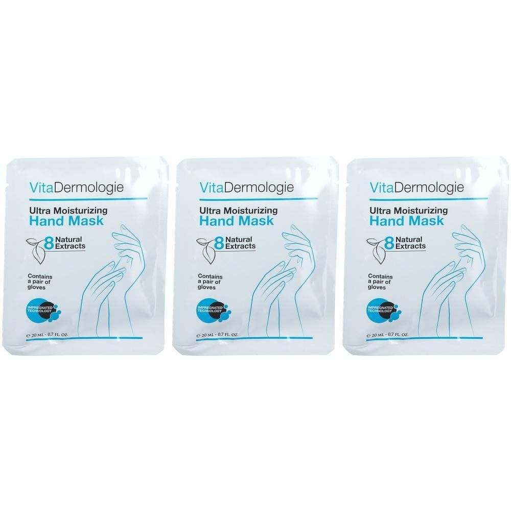 Trois sachets VitaDermologie Ultra Moisturizing Hand Mask, chacun contenant une paire de gants.