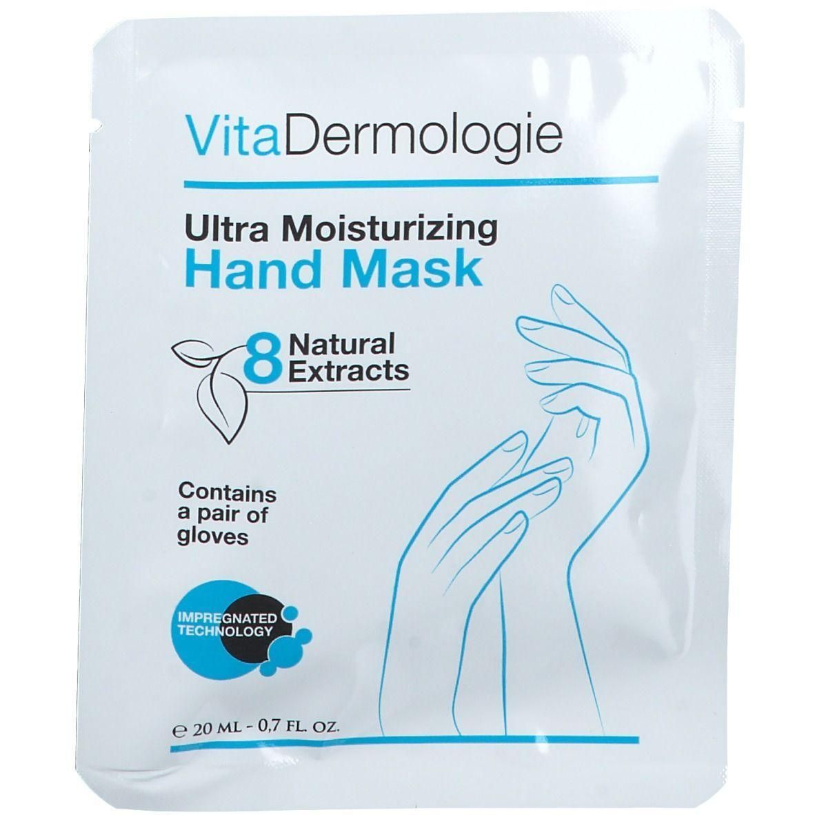 VitaDermologie Ultra Moisturizing Hand Mask avec 8 extraits naturels et une paire de gants.