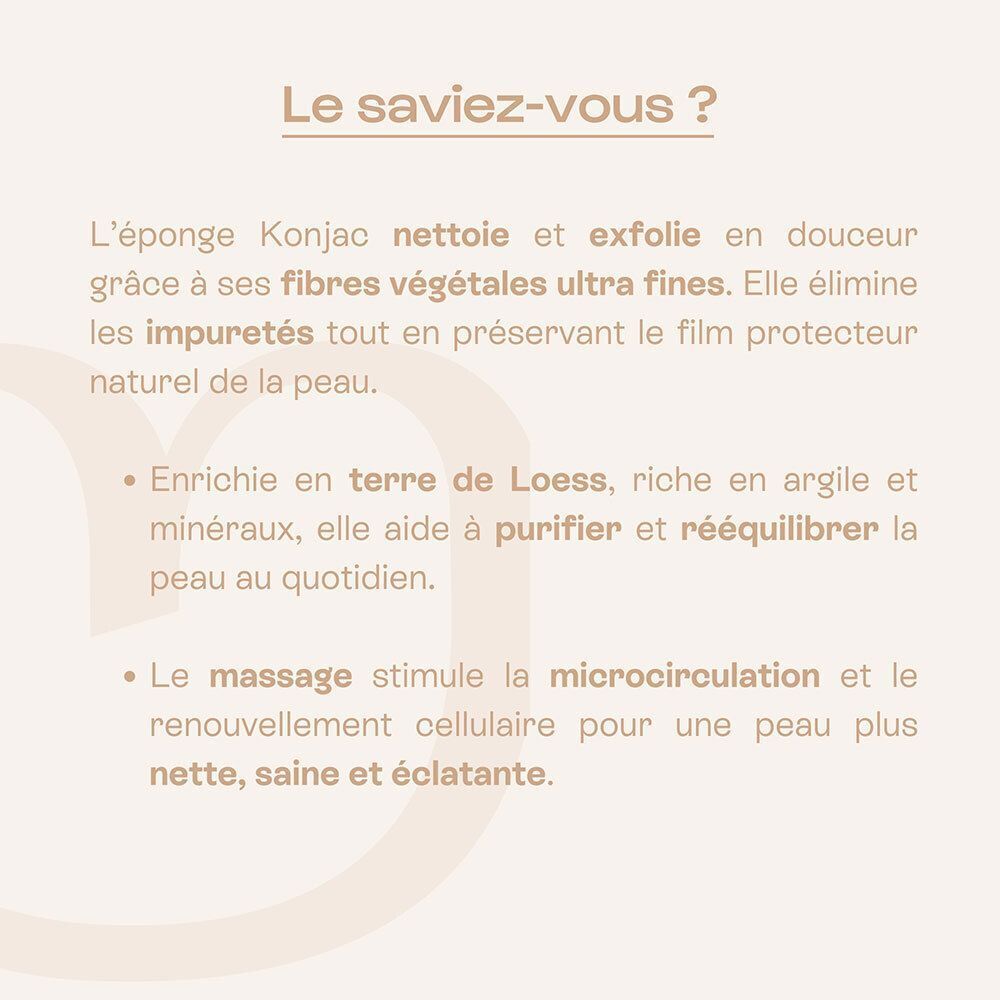 Informations sur l'éponge Konjac Omum : nettoie, exfolie, enrichie en terre de Loess.