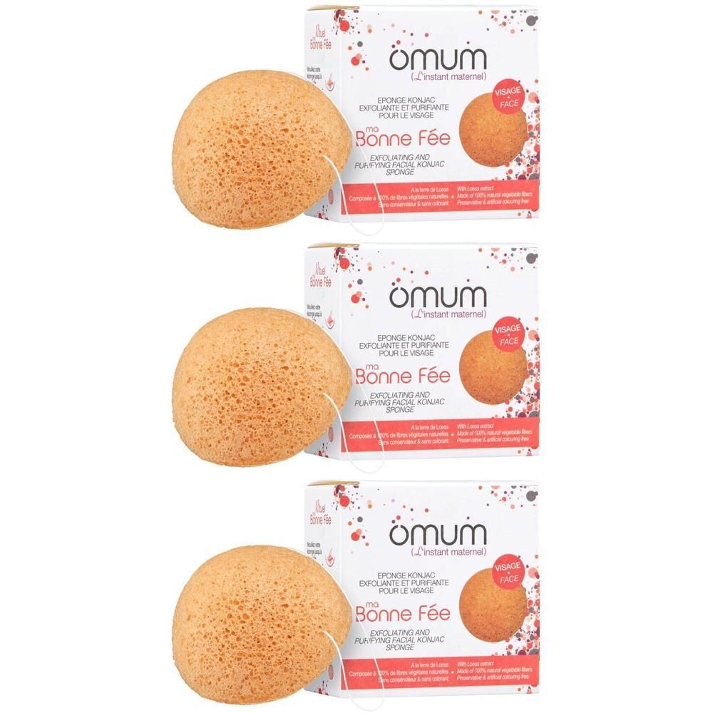 Drie ronde, oranje konjac sponzen met koord en verpakking.