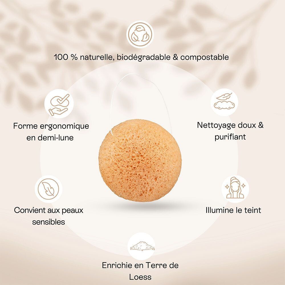 Une éponge konjac ronde et orange entourée d'icônes décrivant ses propriétés.