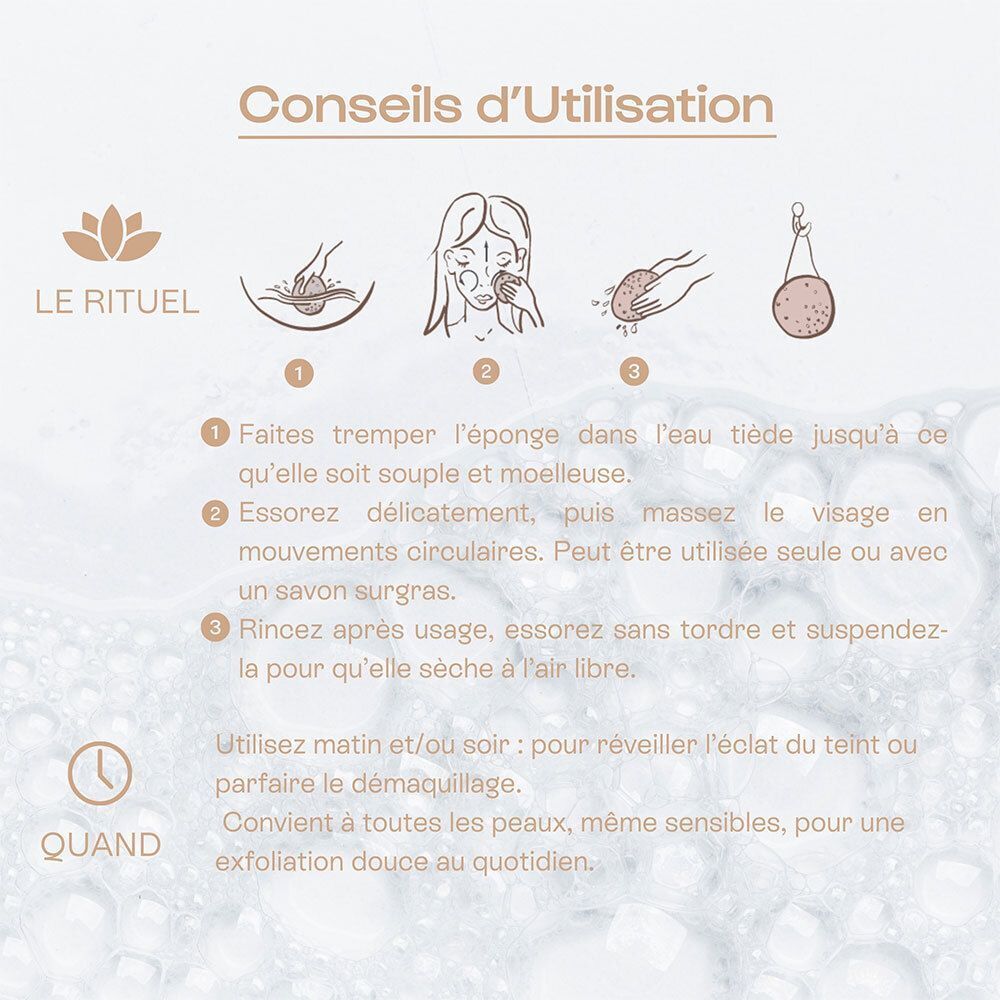 Instructions d'utilisation d'une éponge konjac avec illustrations et texte.
