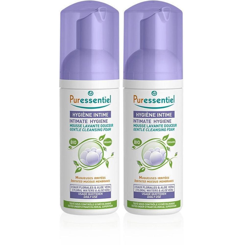 Twee flacons Puressentiel Intieme Hygiëne zachte wasschuim met lavendel- en rozenmotieven.