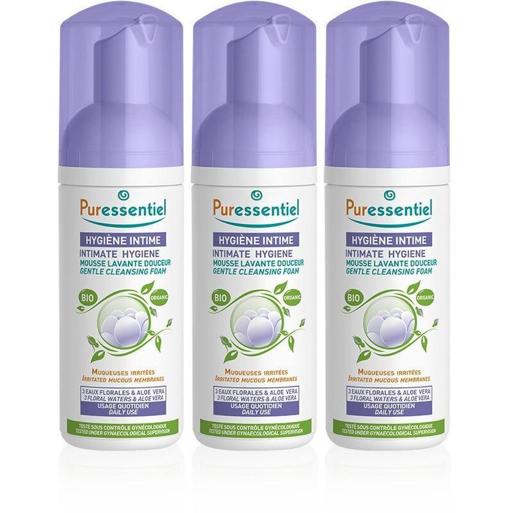 Drie flacons Puressentiel Intieme Hygiëne zachte wasschuim met paarse pompen en doppen.