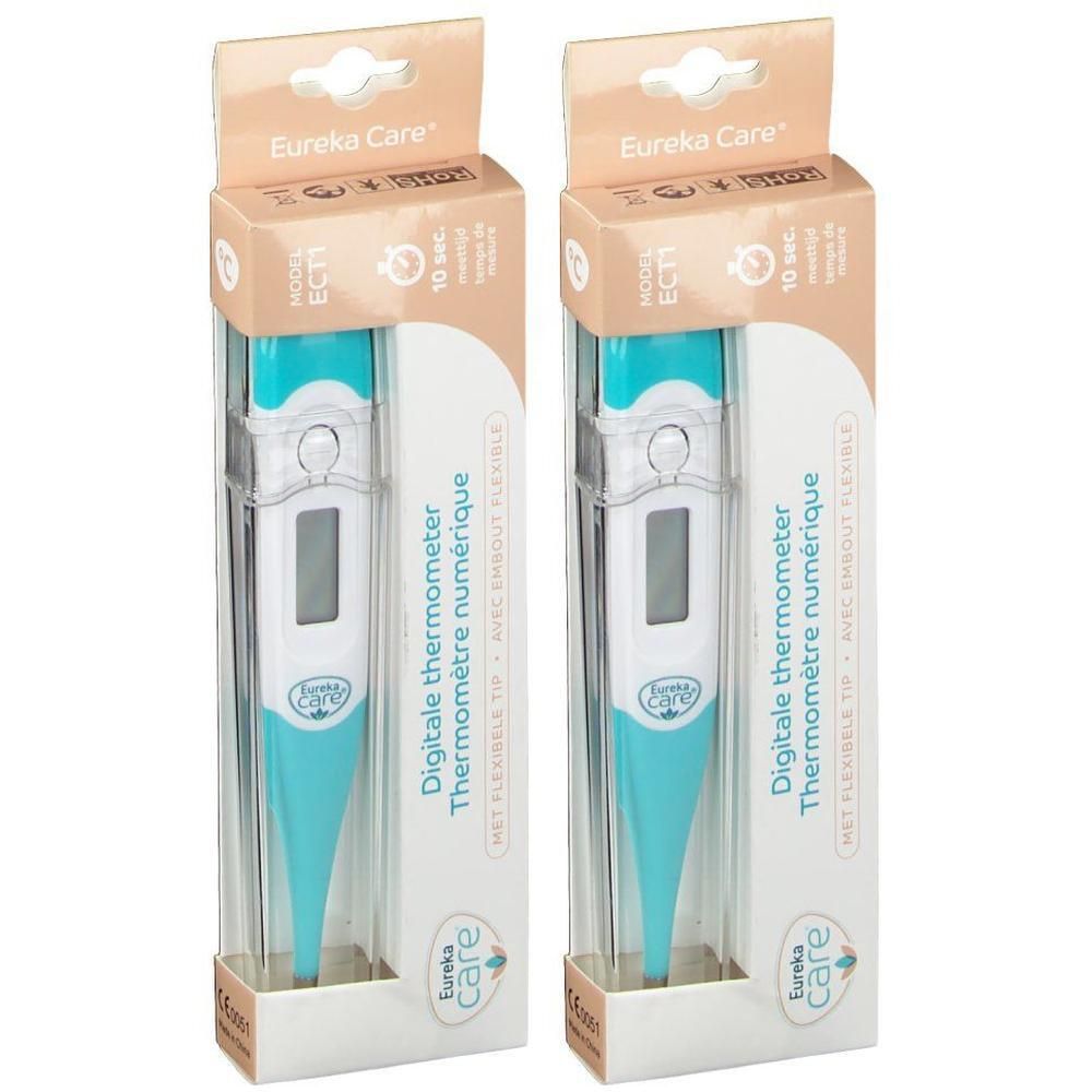 Twee Eureka Care digitale thermometers met flexibele punt, meting in 10 seconden.