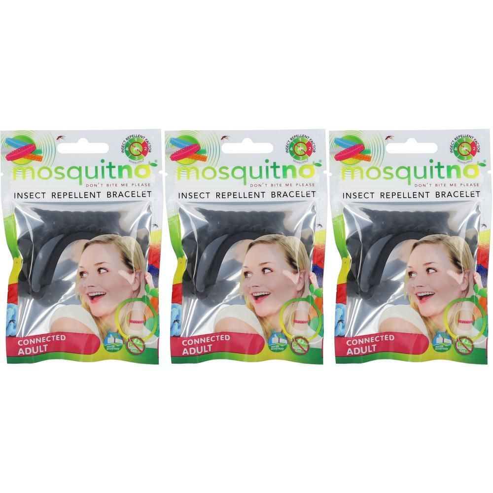 Drie verpakkingen Mosquitno insectenwerende armbanden voor volwassenen, zwart.