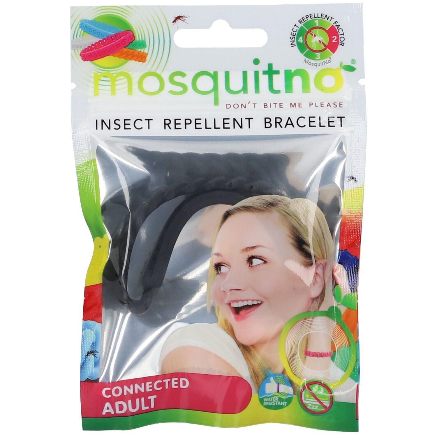 Verpakking van een zwarte insectenwerende armband voor volwassenen.