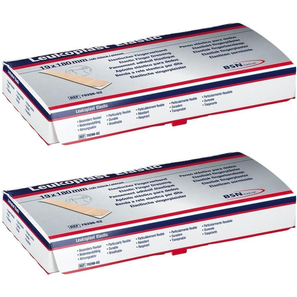 Twee dozen Leukoplast Elastic vingerverband. Opschrift: 19x180 mm. Merk BSN medical.