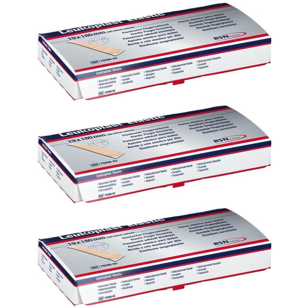 Drie dozen pleisters. Opschrift: Leukoplast elastic, 19x180 mm. Rode en blauwe rand. BSN-logo.