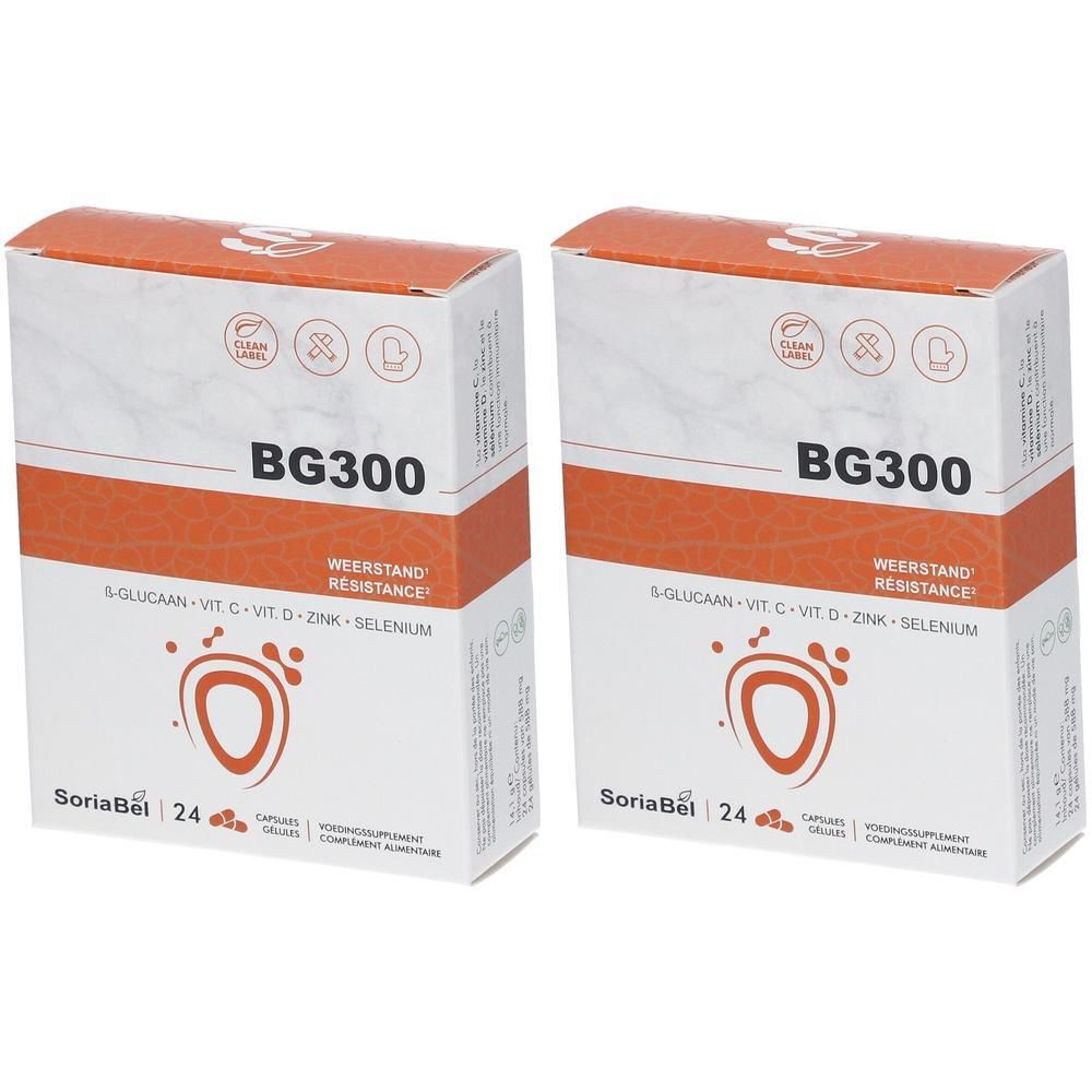 Deux boîtes SoriaBel BG300, contenant chacune 24 gélules. Contient du bêta-glucane, vitamines C, D, zinc et sélénium.