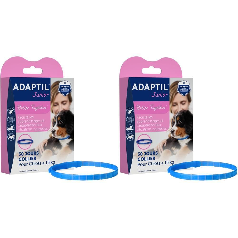 Deux paquets de collier Adaptil Junior pour chiots de moins de 15 kg.
